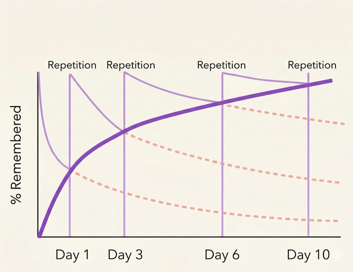 Spaced repetition chart showing repeated reviews increasing retention over time
